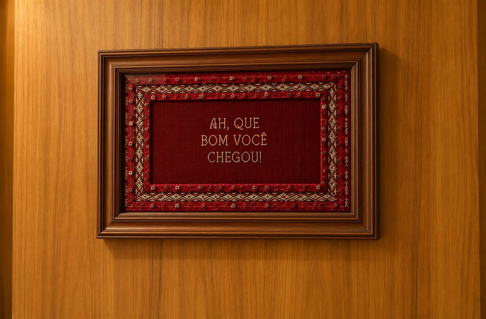 Quadro bordado com a frase “Ah, que bom você chegou!” em parede de madeira